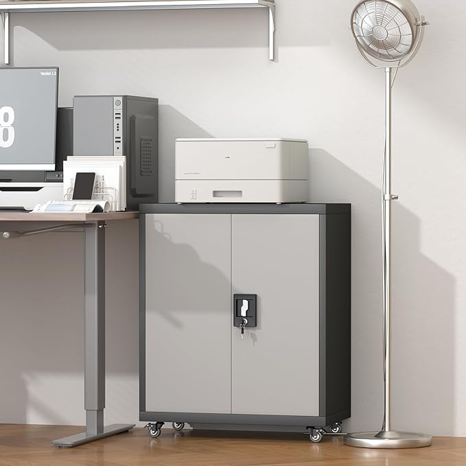 GREATMEET Garage Cabinets with Wheels,Small Storage Cabinet with Doors and Adjustable Shelves，Locking Metal Garage Storage Cabinets for Home Office Utility Room