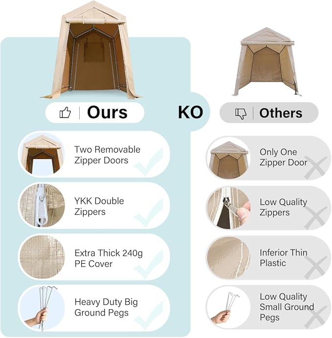 ADVANCE OUTDOOR 6x8 ft Outdoor Portable Storage Shelter Shed with 2 Roll up Zipper Doors & Vents Carport for Motorcycle Waterproof and UV Resistant Portable Garage Kit Tent, Beige