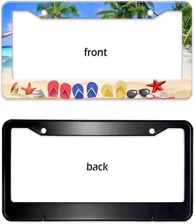Beach Flip Flops License Plate Frame, Ocean Beach Vacation Scene License Plate Hloder Covers, Metal Aluminum Rustproof Car Accessories for Women Men 2 Holes with Screw Caps