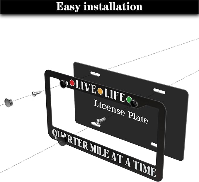 License Plate Frames Black and White Fun License Plate Frame Cover Live Life, Quarter Mile at a Time Universal Aluminum Car Accessory 2 Pack with Screw Covers Set