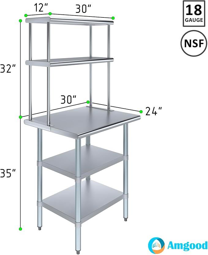 Amgood Stainless Steel Work Table with 2 Shelves | Metal Kitchen Prep Table & Shelving Combo (24" x 30" Table with 2 Shelves + 12" Overshelf)