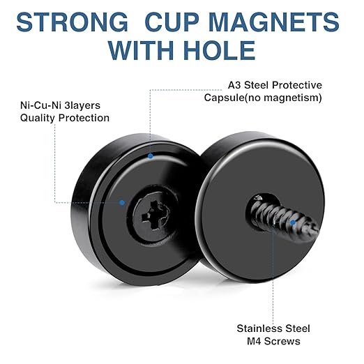MIKEDE Neodymium Magnets, 30lbs Earth Magnets Heavy Duty, Small Round Rare Earth Base Magnet with Holes in The Center, Cup with Screws Disc Magnet for Wall Mounting - 6 Pack