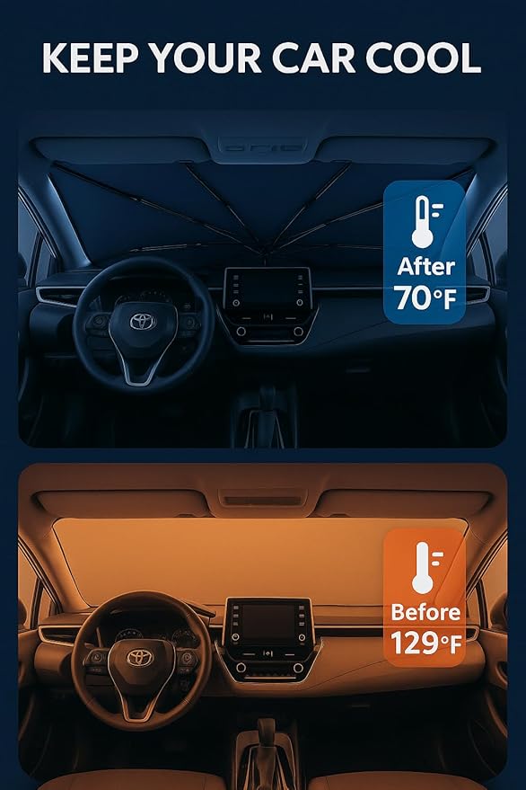 Proadsy Windshield Sun Shade Umbrella for Toyota Corolla 2019-2025 Foldable Car Umbrella Sunshade with Soft TPU Handle Spring Structure Crystal Cooling Material Protect Car from Rays & Heat