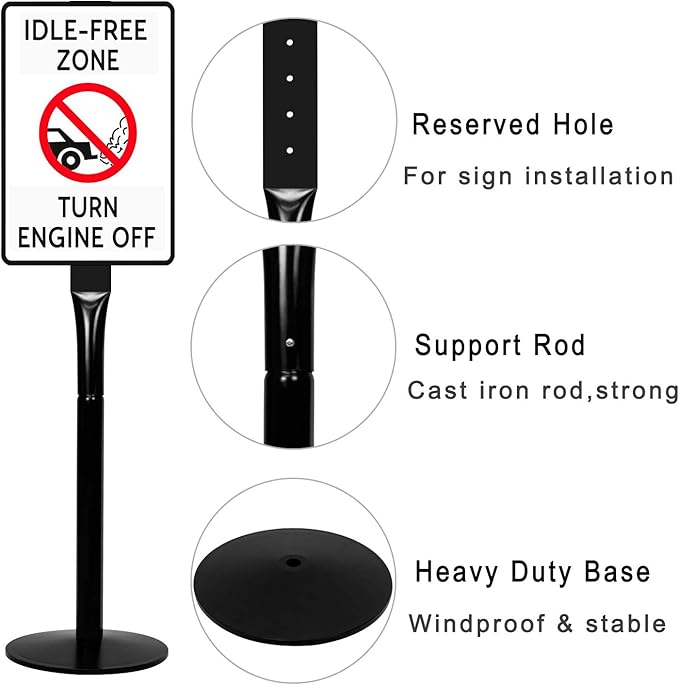Parking Sign Post 48" Heavy Duty Cast Iron Parking Signs Stand, Movable Sign Stand for Hanging Signs, Black (2 Packs, 15pounds)