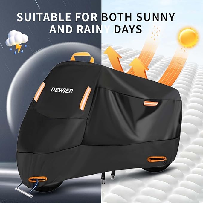 Motorcycle Cover Waterproof Outdoor, 420D Heavy Duty, XL90.5in, All Season Protection, Windproof Clasps, Storage Bag, Night Reflective Design, Fits Motorcycles, 1-2 Bikes Ebikes