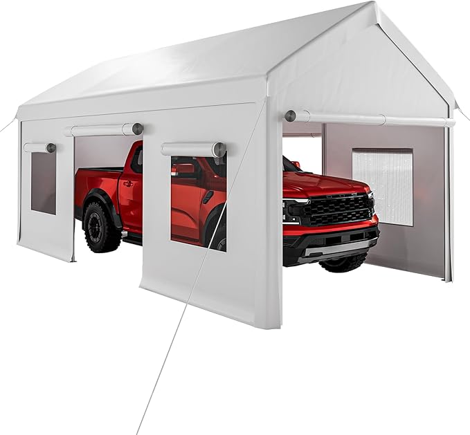 10x20 Ft. Metal Carport Garage with PE Fabric and Galvanized Steel Frame Outdoor Shelter for Cars, Trucks and Boats with 4 Doors and Mesh Windows for Ventilation - White