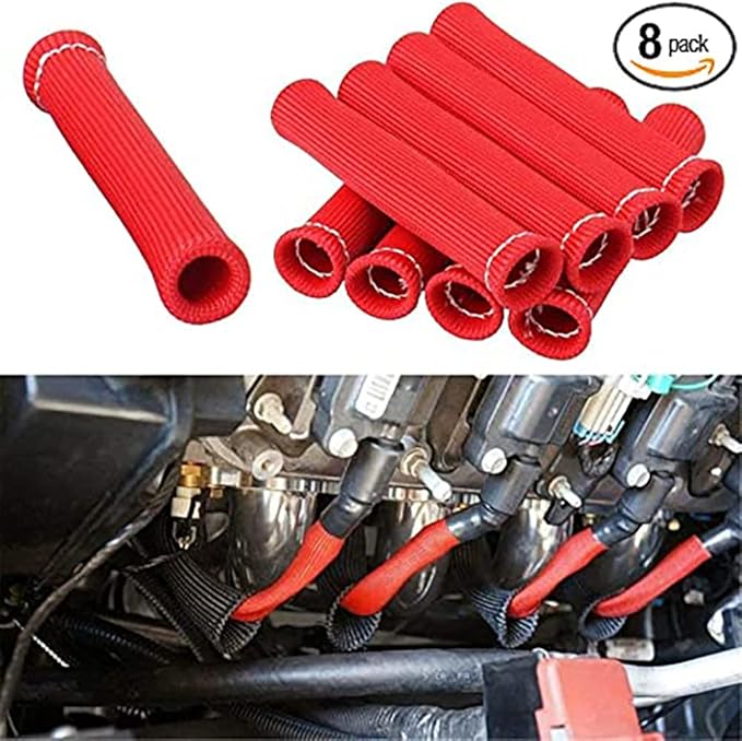 Spark Plug Wire Boots Thermal Protection Insulator Sleeve, 1200 Degree Heat shield Cover Wrap 6 inch for Car Truck 8PCS(red)