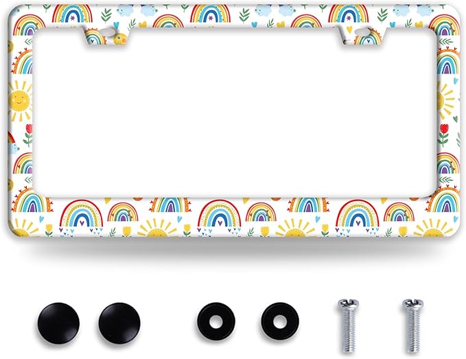 Cute Rainbow License Plate Frame Personalized License Plate Frames Colorful Auto Accessories Bracket Stainless Steel License Plate Holder 6x12 Inch
