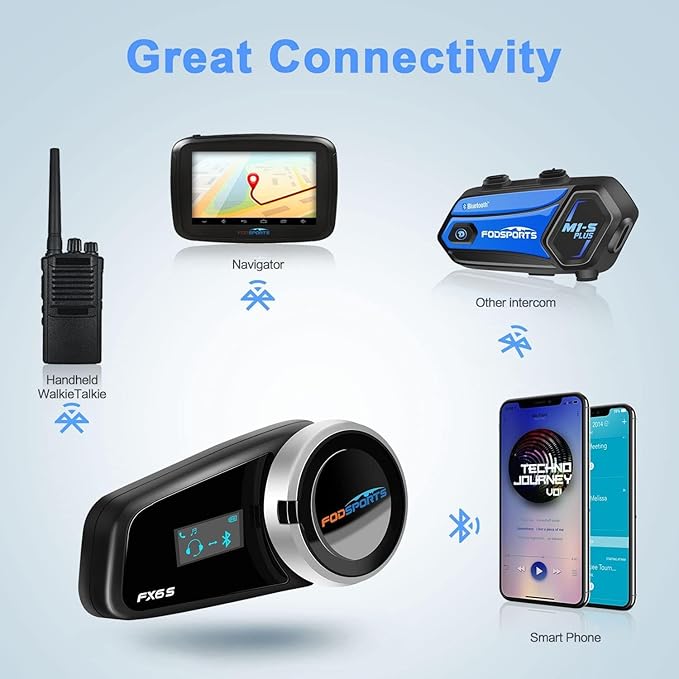 Fodsports FX6S Bluetooth Motorcycle Headset, 6-Way Motorbike Intercom Bluetooth, 1000m Motorcycle Helmet Communication Systems/Voice Dial/Universal Pairing/FM Radio (2 Pack FX6S with LED)