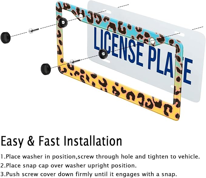 Blue Yellow Leopard License Plate Frame, Cheetah Leopar Print Car Accessories Car Tag Frame, Rust-Proof Waterproof Metal Aluminum License Plate Holder for Women Men 2 Holes with Screw Caps