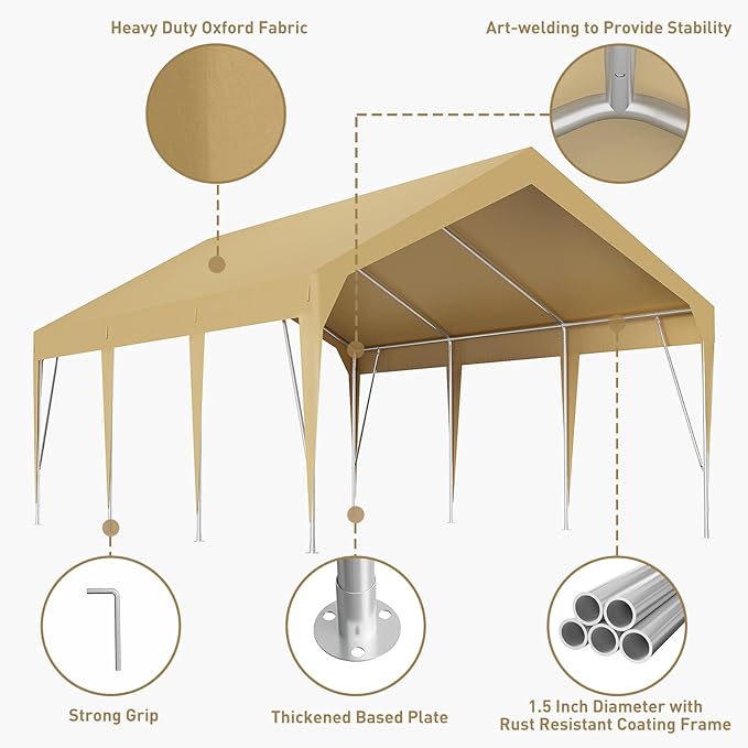 13x20ft Heavy Duty Carport Outdoor Car Canopy UV Resistant Waterproof Party Tent All-Season Portable Garage Gazebo Shelter for Car, Storage Shed (Earthy Yellow)