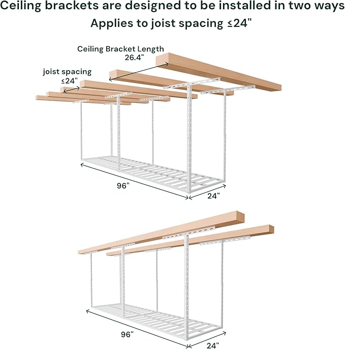 SunsGrove 2x8 Garage Storage Overhead Rack Organization, Adjustable Ceiling Mounted Storage Racks, 800LBS Weight Capacity, 22"-40" Ceiling Dropdown, White