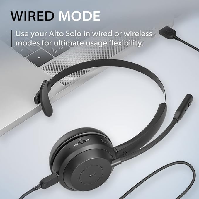 Alto Solo - Wireless Headset with Mic for Work with Qualcomm Bluetooth Solution, CVC Noise-Canceling for PC, Computer & Laptop, Charging Stand, Mute Button, Wired Headphones Option