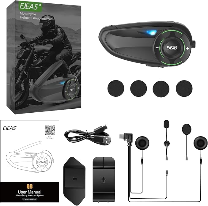 EJEAS Q8 1PC Motorcycle Bluetooth Headset, Upgraded Mesh 3.0 Intercom System with Music Sharing and IP67 Waterproof for 6 Riders Group Talking