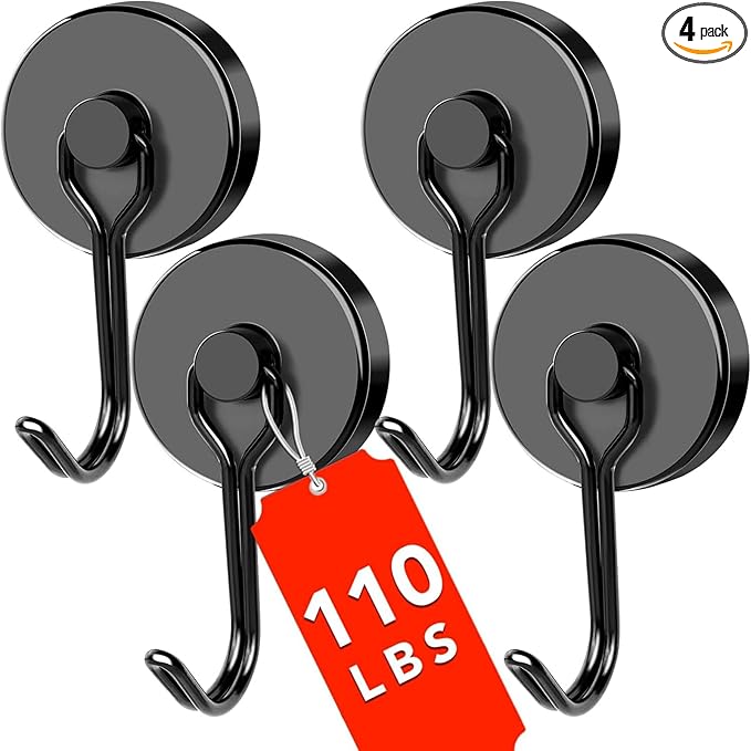 DIYMAG Black Magnetic Hooks,110LBS Strong Magnetics Heavy Duty, Magnet Hook with Metal Hanger for Hanging Refrigerator Home Kitchen Office, 4Pack