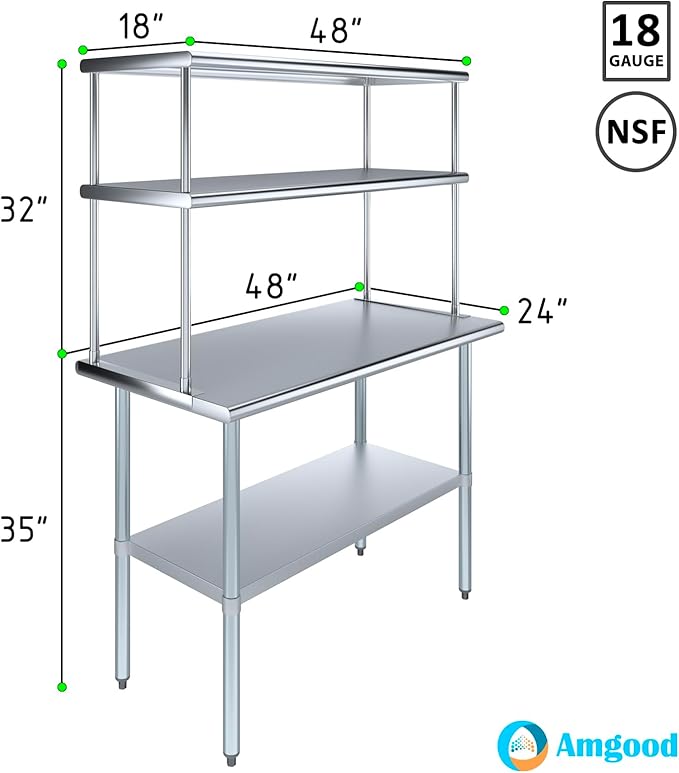Amgood Stainless Steel Work Table Double Tier Overshelf | Metal Kitchen Prep Table & Shelving Combo | NSF (24" x 48" Work Table + 18" Overshelf)