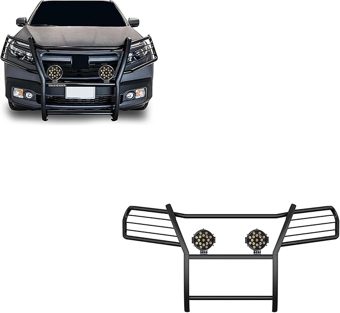 Black Horse Grille brush Bumper Guard Modular Come With pair of 7.0"Dia.LED Lights with Black Trim Rings Compatible with 2016-2019 Honda Ridgeline-17H01MA-PLB