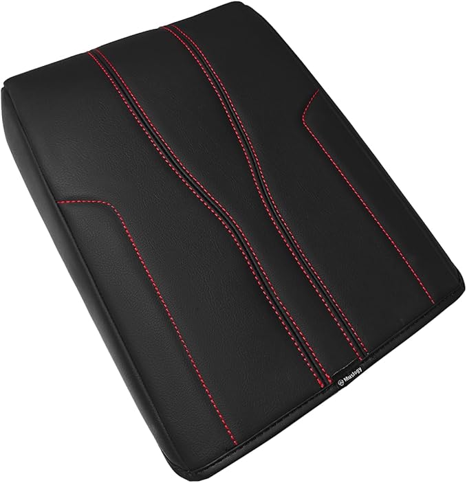 Muslogy Armrest Cover Center Console Cover Compatible with 2024 2025 GMC Acadia & Chevrolet Chevy Traverse Accessories Vegan Leather Arm Rest Middle Console Protector (Black/Red Stitching)