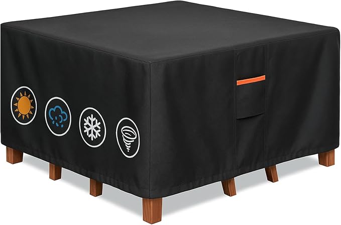 Outdoor Waterproof Furniture Cover, 62W x 62L x 28H inches Heavy Duty 600D Square Table and Chair Set Protection, Black