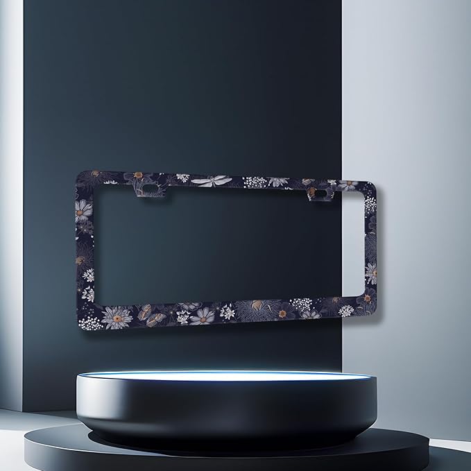 Blue Folk Art Flowers License Plate Frame Colorful Floral License Plate Holder Stainless Steel Funny Design with 2 Holes and Screws 12.3" x 6.3"