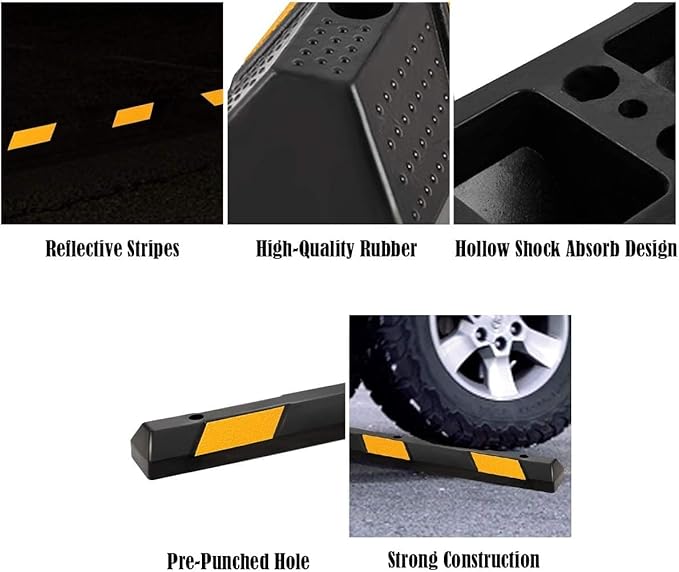 Goplus Parking Block, 72” Rubber Parking Bumpers with 8 High Reflective Yellow Safety Stripes, Heavy Duty Parking Target, Garage Wheel Stoppers Parking Curb for Car, Truck, RV and Trailer (4 Pack)