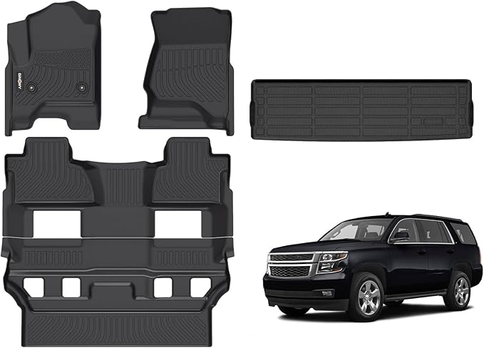 GINOWY- Floor Mats & Cargo Liner for Chevy Tahoe 2015-2020 & GMC Yukon (Only for Bucket Seat) TPE All Weather Protection Tahoe Car Mats, Non-Slip Trunk Mat Waterproof Accessories Floor Liners Black