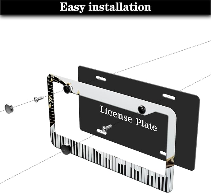 License Plate Bracket Black and White License Plate Frames Beautiful Piano Keys Music Notes Aluminum Metal Car Accessory 2 Pack with Screw Covers Set
