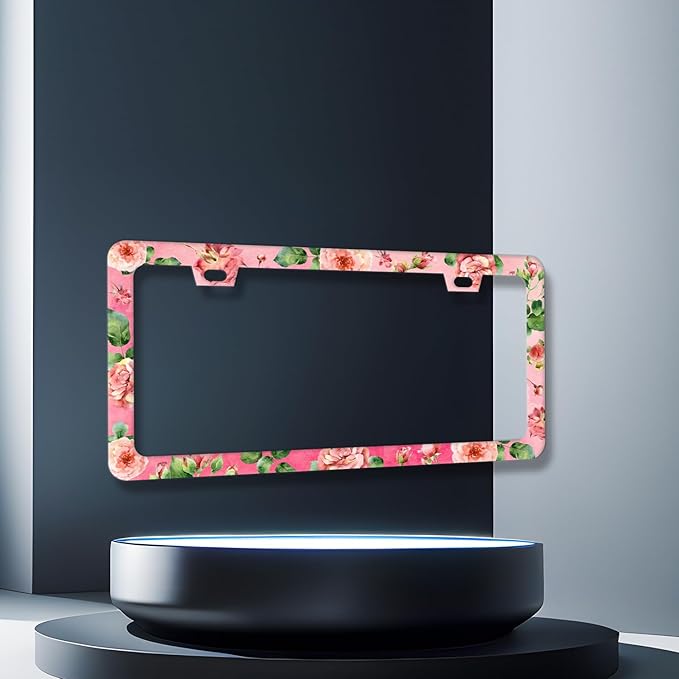 Watercolor Roses License Plate Frame Pink Floral Flower License Plate Holder for Women Car Decorative Stainless Steel Colorful License Plate Flowers Auto Parts with Screws 12.2" x 6.2"