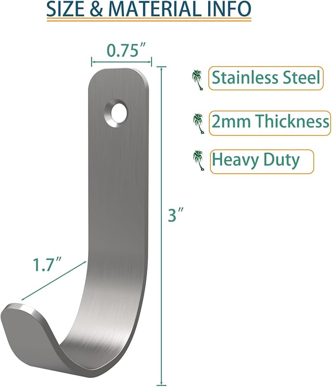 Hooks for Hanging Stainless Steel Heavy Duty Coat Hook Wall Hooks Robe Hanger Hooks Hanging Hat Key Holder for Towel, Bag Indoor Outdoor (Silver-U Shaped, 3X1.8inch,8pcs)