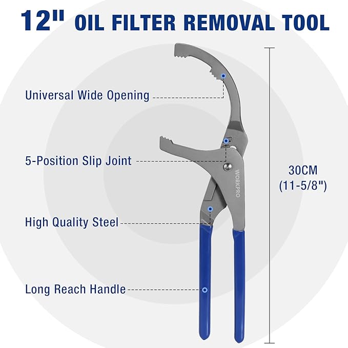 WORKPRO Oil Filter Wrench, 12" Oil Filter Removal Pliers Tools, 5-Position Adjustable Design Fits 2-1/2" to 3-3/4" in Diameter, Ideal for Engine Filters, Cars, and Trucks