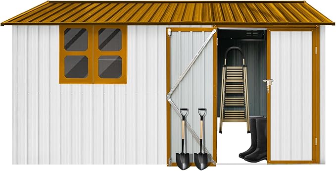 10x12 FT Outdoor Storage Shed, Large Metal Garden Shed with 4-pane Window, Outside Tool Shed with Lockable Hinged Door & 4 Air Vent, Waterproof Storage Building for Backyard, Patio, Lawn, White+Yellow