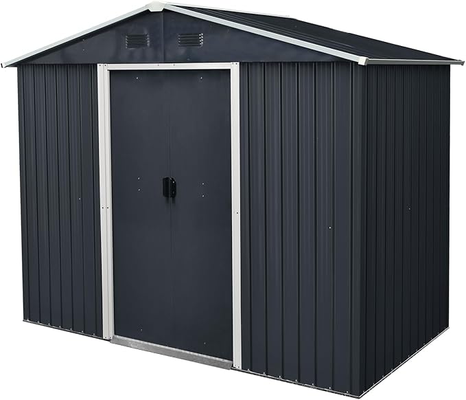 4x8 FT Outdoor Storage Shed, Metal Garden Shed with Frame Floor, Outside Tool Shed with Lockable Sliding Doors, Waterproof Storage Building with Sloped Roof for Backyard, Patio, Lawn, Black