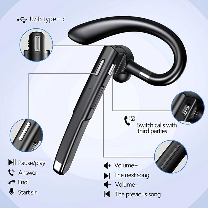 Bluetooth Headset, Bluetooth Wireless Earpiece with mic Trucker Headset for Phone Case Office Phones with Built-in Microphone Manos Libres Noise Cancelling(Black)