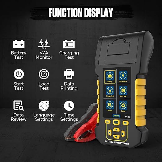 Car Battery Tester 12V/24V Digital Automotive Batteries & Alternator Diagnostic Tool, 20-2000 CCA Load Capacity Charging Cranking System Tester for Truck Marine Motorcycle SUV Boat (Built-in Printer)