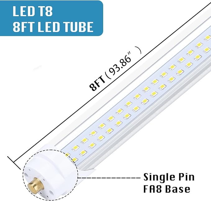 4-Pack, 8 Foot LED Bulbs, 100W 15000lm 6000K Cold White, Super Bright, T8 T10 T12 LED Tube Lights, FA8 Single Pin LED Lights, Clear Cover, 8 Foot LED Bulbs to Replace Fluorescent Light Bulbs