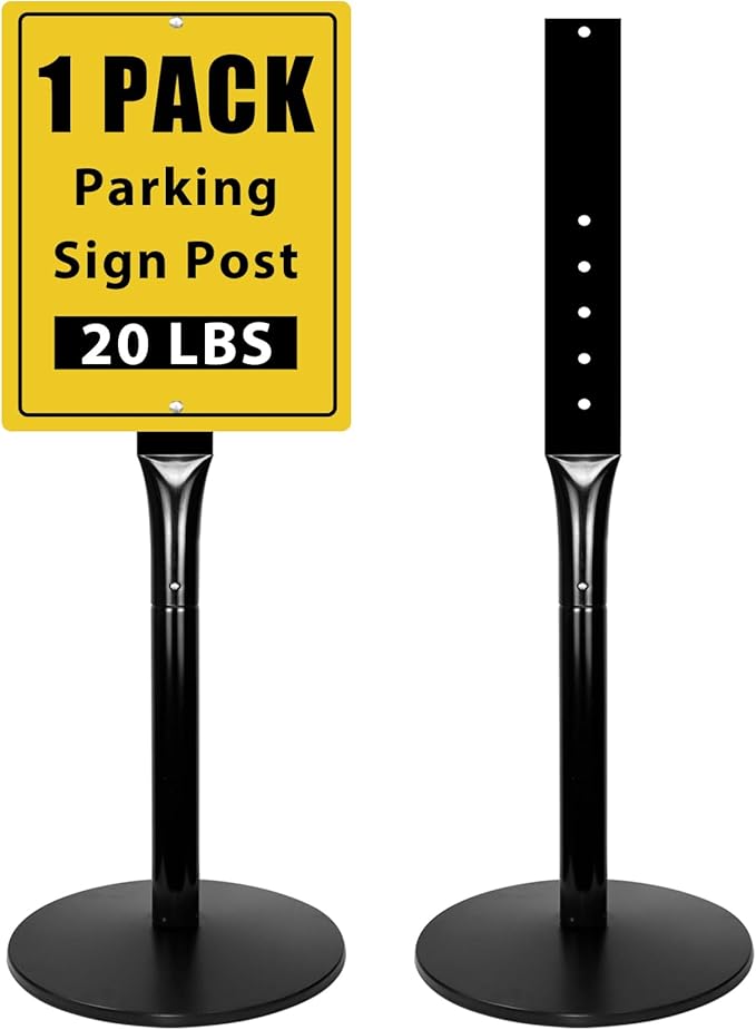 Parking Sign Post with Base - 20 Lbs Heavy Duty Parking Sign Stand for Hanging Traffic Construction Street Warning Notice, Movable Black Cast Iron Base Stand for Outdoor Use, 1 Pack