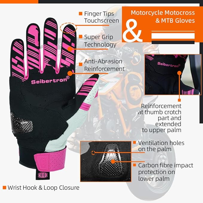 Seibertron SPS Series Touchscreen Motorcycle Motocross BMX ATV MTB Bicycle Cycling Full or Half Finger Gloves Adult and Youth