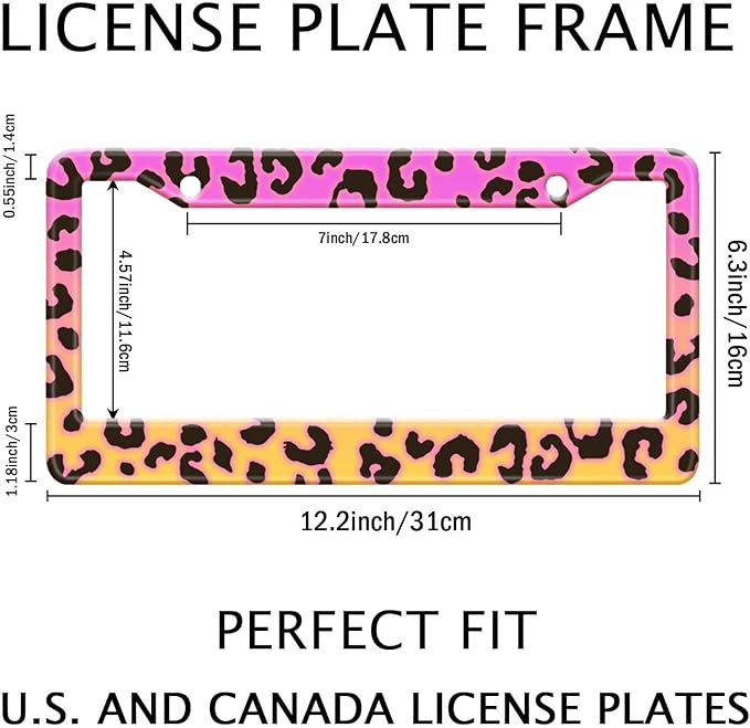 Gradient Color Leopard Print License Plate Frame Cheetah Print Tags Frames Holder Covers Metal Aluminum Rustproof Cute Car Accessories for Us Canada Standard Women Men 2 Holes with Screw Caps
