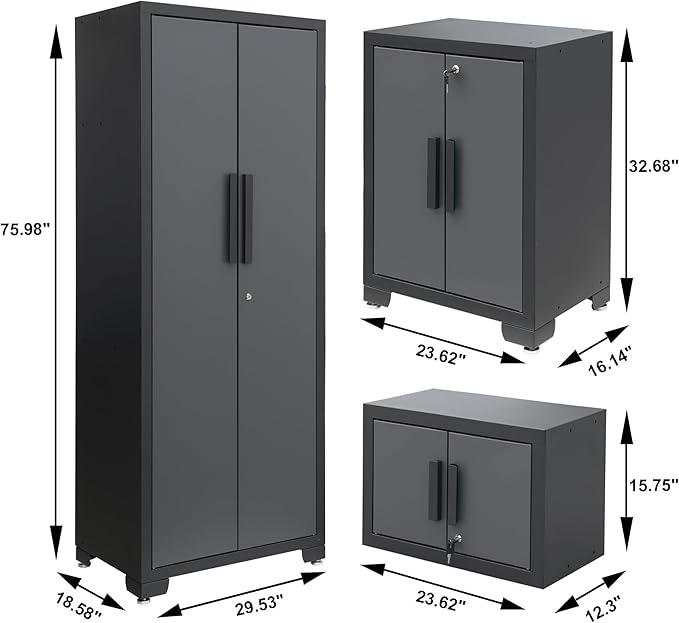 Torin 12 Piece Garage Storage Cabinet Set: Workshop Tool Organizer Chest with Lockers, Shelves and Wood Workbench, Black/Grey