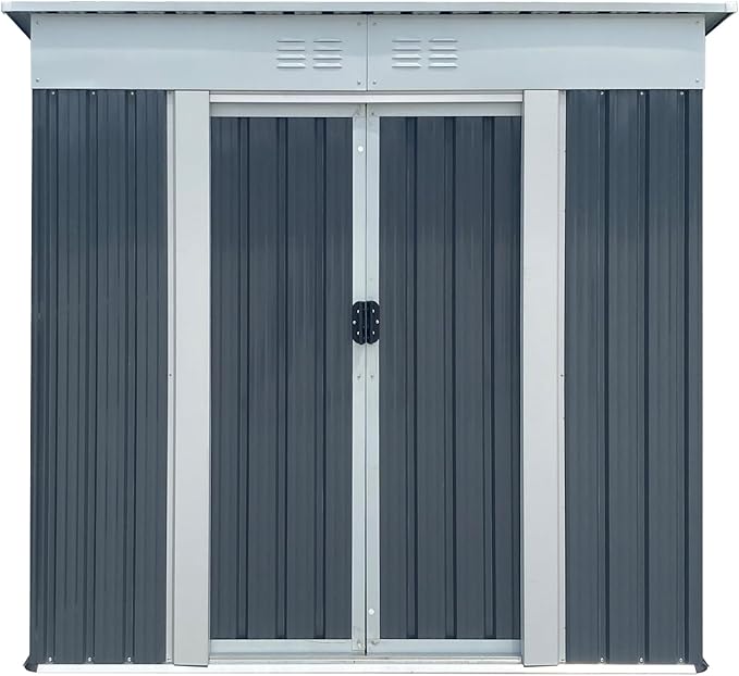 6x4 FT Outdoor Storage Shed with Sloping Roof, Waterproof Metal Garden Sheds w/Lockable Sliding Doors and Vents, Weather Resistant Tool Storage House for Backyard, Patio, Lawn, Grey