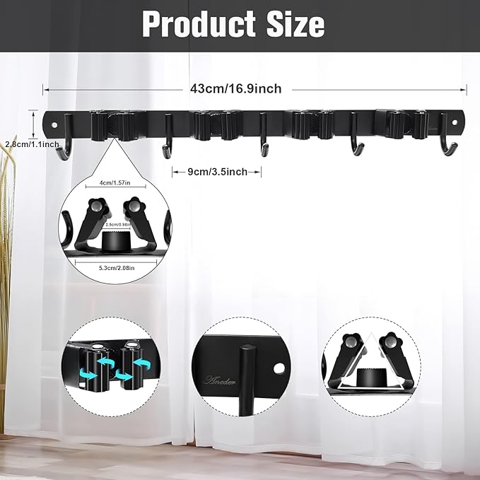 Mop and Broom Holder Wall Mount 4 Racks and 5 Hooks Broom Organizer Storage Tool Racks Stainless Steel Heavy Duty Hooks for Home Kitchen Garden Laundry Garage