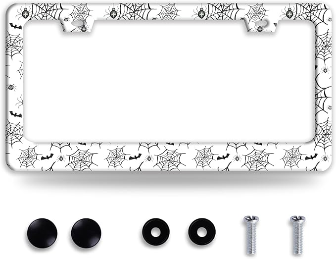 Personalized Bats License Plate Frame Spider Web License Plate Frames Funny Auto Accessories Bracket Stainless Steel License Plate with Screws 6x12 Inch