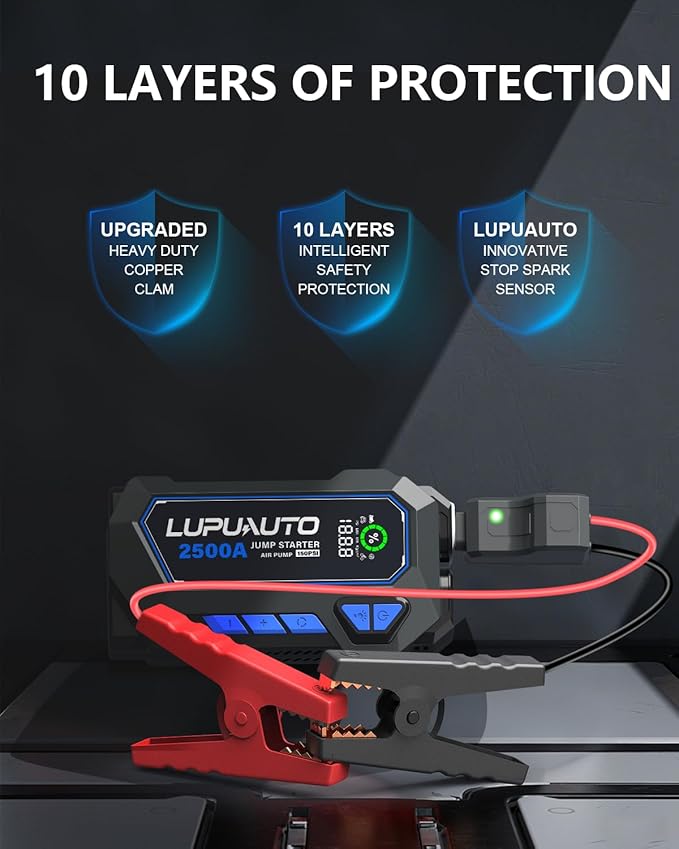 2500A Portable Jump Starter, Car Battery Jump Starter with Air Compressor, USB-C Power Bank Charger, Jumper Cables for up to 7.5-Liter Gas and 5.0-Liter Diesel Engines