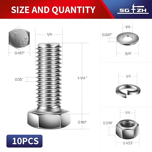 1/4-20 x 1-1/4" Hex Head Screw Bolt, Nuts, Flat & Lock Washers, 10Pcs 18-8 (304) Stainless Steel, Fully Threaded, by SG TZH