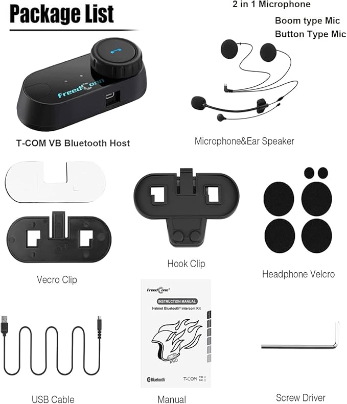 FreedConn Motorcycle Helmet Bluetooth Headset,TCOM VB with Music Sharing 2-Riders 800M Universal Intercom Communication Systems,Waterproof Motobike Interphone/FM/Siri/BT5.0/2 in 1 Mic for All Helmets