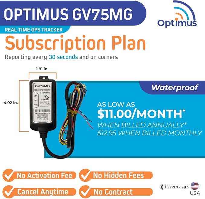 Optimus GV75MG Waterproof Wired GPS Tracker for Motorcycles, Boats, Machinery, Assets