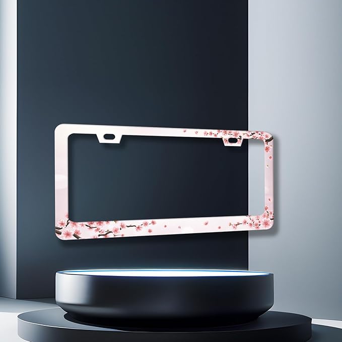 Cherry Blossom License Plate Frame Floral Pink Flowers License Plate Holder Stainless Steel Colorful Design Compatible with Standard License Plate for USA Canada 12.3" x 6.3" with 2 Screws