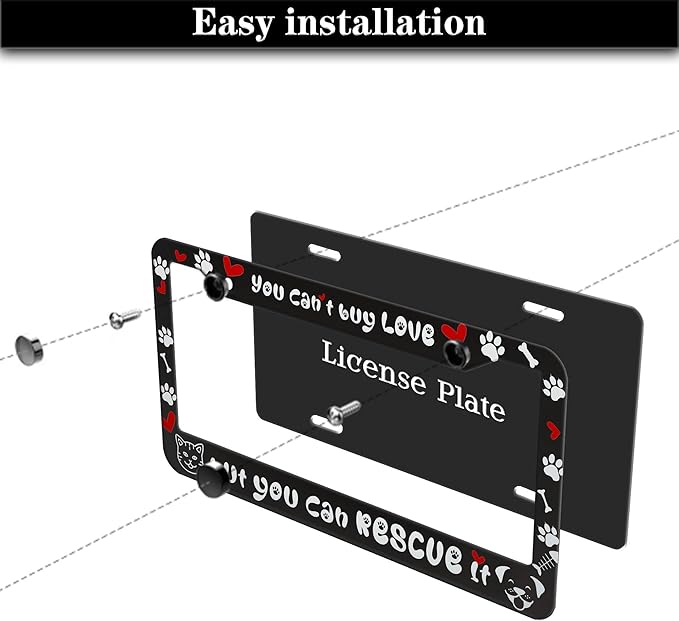 License Plate Frame Black and White Front License Plate Bracket You Can’t Buy Love, but You Can Rescue It Aluminum Metal Car Accessory 2 Pack with Screw Covers Set