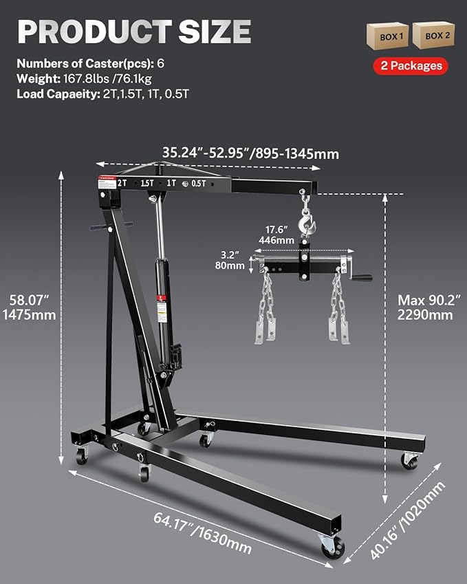2-Ton Folding Engine Hoist with Lever, Hydraulic Shop Crane with 6 Swivel Wheels & Adjustable Boom (0.5T-2T), Heavy-Duty Cherry Picker for Garage, Workshop, Truck, Farm (Net Wt. 168 lbs)