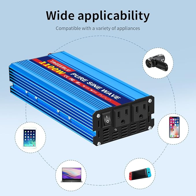 1100 Watt Pure Sine Wave Inverter, Solar Power Inverter, 12V DC to 110V AC Converter for RV, Home, Truck, Coffee Maker, Washer, TV, Fridge, Solar Power Pack with 2 AC Outlets and LCD Display